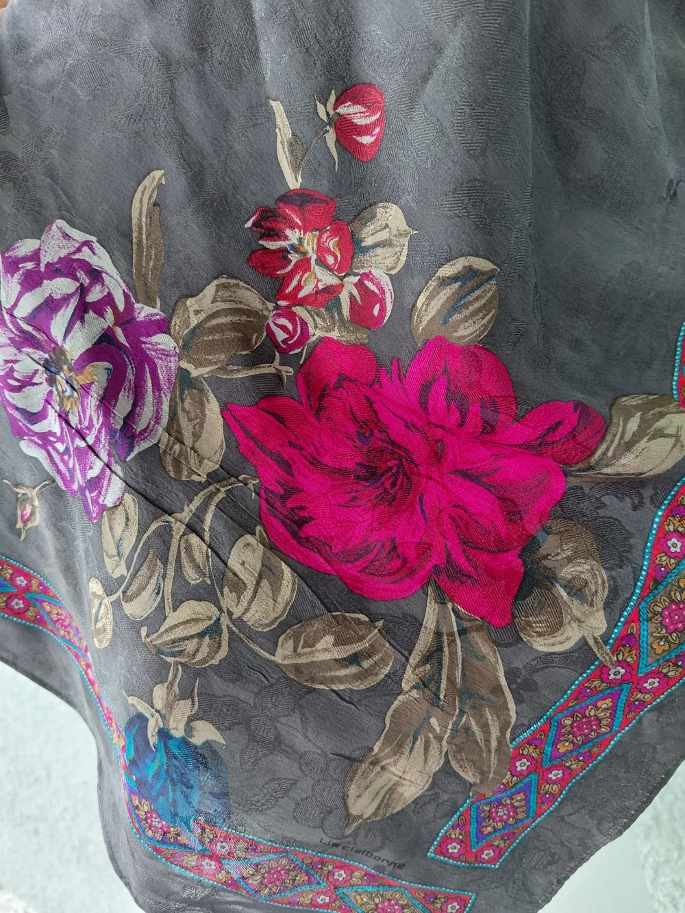 Vintage Liz Claiborne Floral Silk  Scarf Gray Pink Blue Oversized Wrap